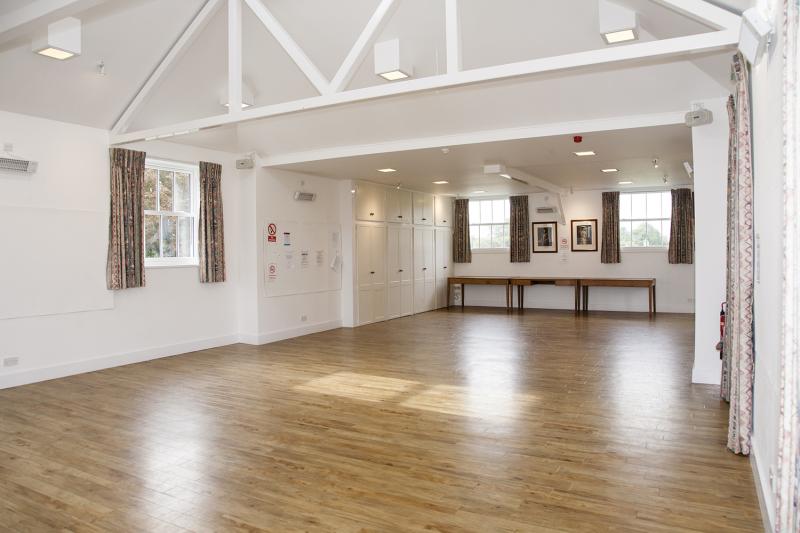 The bright main room inside Mellis Memorial Hall